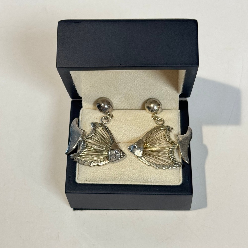 Vintage Silver Tone‎ Tropical Angel Fish Dangle Stud Earrings Signed Script B